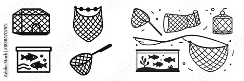 Vector illustration of fishing nets and aquariums in various designs