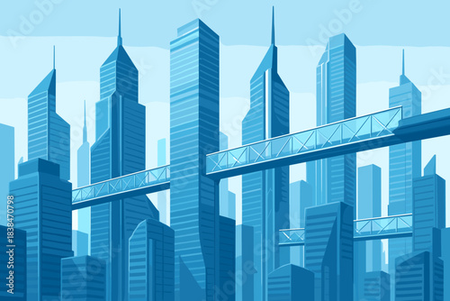 Modern city skyline with tall buildings and sky bridges connecting structures in a bright blue environment