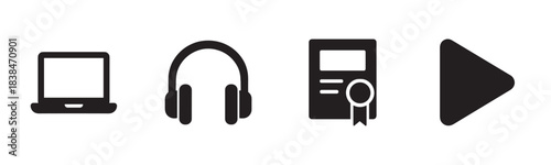 Four distinct black silhouette icons depicting a laptop, headphones, certificate, and play button are presented in a clean, modern, flat design style