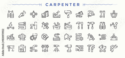 Carpenter Tools icon set. Contains outline symbols like repair, handyman, carpenter, craft, carpentry and more. Carpenter icon set. Outline icons collection. Editable vector art.