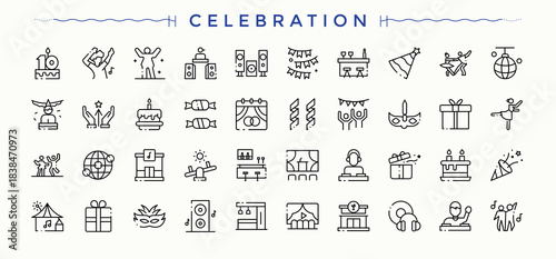 Celebration linear icon set. Celebrate line icon set. Contains such symbols as party, entertainment, festival, celebrate, happy, birthday and more. Pixel perfect. Editable vector.