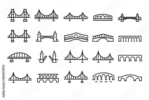 Different styles of bridges in simple line drawings