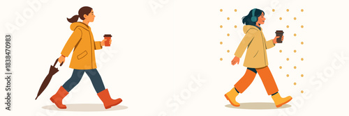 Two women walking with drinks in raincoats on a rainy day