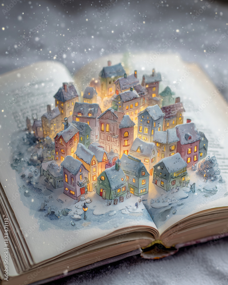 Fototapeta premium whimsical illustration of a snowy christmas village pop-up in an open storybook