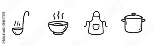 Four hand-drawn black outline cooking kitchen icons feature a steaming ladle, a hot soup bowl, a chef's apron, and a lidded pot, depicted in a charming doodle style