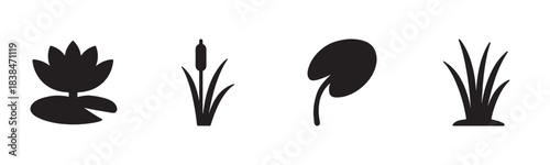 Four distinct black silhouette icons representing various aquatic plants, including a lotus flower, cattail, lily pad, and reeds, presented in a clean, minimalist graphic style