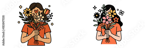 Stylish individuals holding colorful flower bouquets in bright apparel