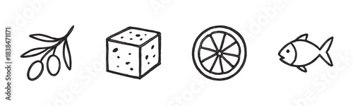 Four simple hand-drawn food icons, including an olive branch, a cheese cube, a lemon slice, and a fish, are presented in a charming, rustic outline style