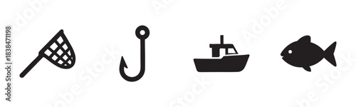 Four black silhouette fishing related icons are neatly arranged in a row, depicting a net, hook, boat, and fish in a clean, minimalist graphic style