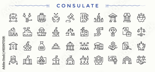 Consulate icon set. Thin outline icons pack. Governance line icon set. Contain linear sign democracy, democratic, politician, political, foreign policy, country and more.