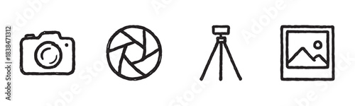 Four hand-drawn doodle black photography icons, including a camera, aperture, tripod, and picture frame, are presented in a simple, artistic sketch style with textured lines