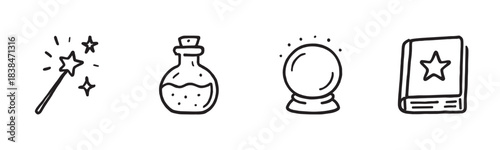 Four hand-drawn magical fantasy icons depicting a sparkling wand, a potion bottle, a crystal ball, and a spellbook, presented in a simple, illustrative style with bold outlines