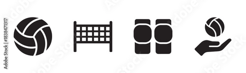 Four black volleyball equipment icons are neatly arranged in a row, featuring a ball, a net, knee pads, and a hand holding a ball, presented in a clean, minimalist graphic style