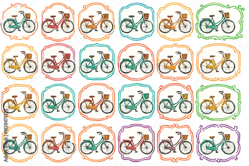 Patterns of bicycles arranged in colorful frames on a white background showing various styles and shapes during daytime