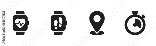 These four black silhouette fitness and tracking icons depict a smartwatch with heart rate, another with footprints, a location pin, and a stopwatch, symbolizing health, activity, and progress
