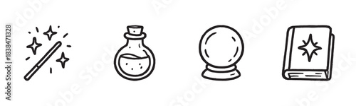Four hand-drawn magic themed doodle icons including a sparkling wand, a potion bottle, a crystal ball, and a spellbook, rendered in a whimsical, simple black outline style