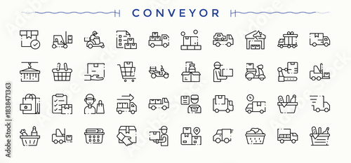 Conveyor icon set. Distribution modern icons collection. Vector outline icons collection. Distribution icon collection. Editable stroke. Pixel Perfect.