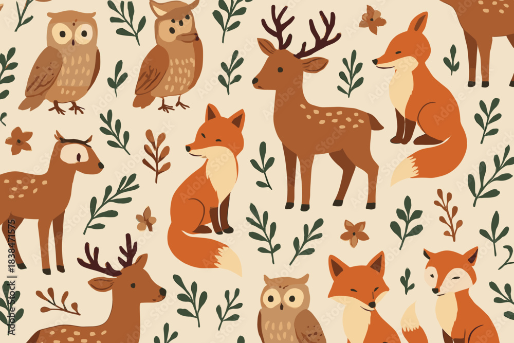 Naklejka premium Various woodland animals such as owls and foxes among plants on light background