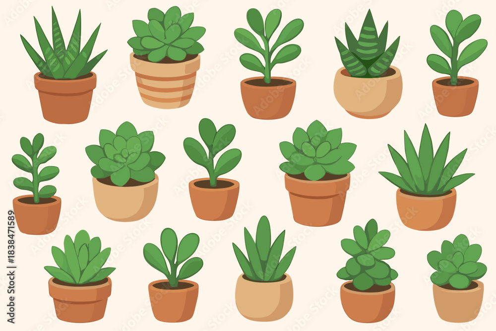 Fototapeta premium Variety of green plants in different pots arranged neatly on a light background showing indoor plant decor