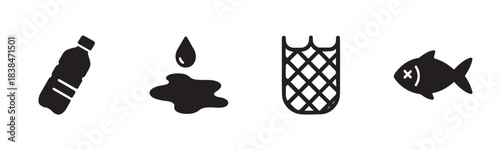Four black silhouette icons illustrate environmental pollution, depicting a plastic bottle, oil spill, fishing net, and dead fish in a clean, graphic style