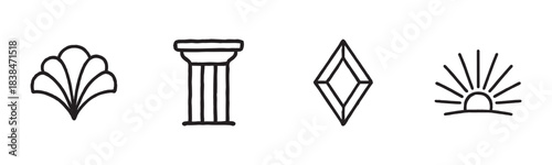 Four distinct hand-drawn outline icons featuring a shell, a column, a diamond, and a rising sun, presented in a minimalist graphic style