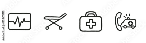 Four hand-drawn black-and-white medical emergency icons are displayed in a row, featuring an ECG, a stretcher, a first aid kit, and an ambulance call symbol, rendered in a simple, doodle style