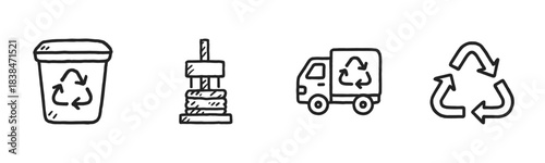 Four hand-drawn doodle style recycling icons are depicted, including a bin, a compactor, a truck, and the universal symbol, all rendered with a playful, eco-friendly aesthetic