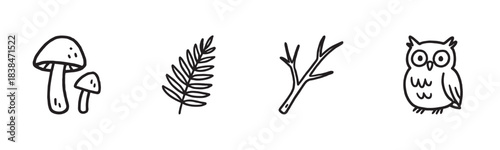 Four simple hand-drawn nature illustrations featuring mushrooms, a fern leaf, a bare tree branch, and a cute owl, rendered in a playful black and white doodle style