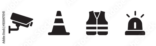 Four black silhouette safety and security icons including a CCTV camera, traffic cone, safety vest, and flashing siren light, presented in a clean, modern graphic style