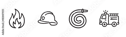 Four hand-drawn outline icons representing fire, a firefighter's helmet, a coiled hose, and a fire truck are displayed in a simple, sketchy style
