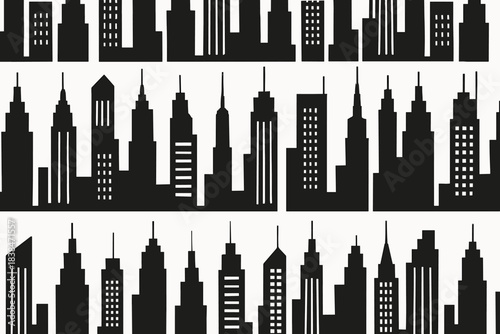 Black silhouette city skyline with various building shapes and designs at night