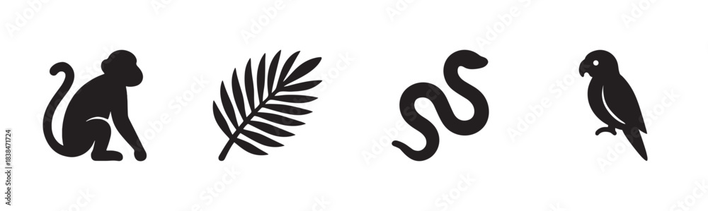 Naklejka premium Four black minimalist jungle animal and plant icons are arranged horizontally, depicting a sitting monkey, a tropical palm leaf, a coiled snake, and a perched parrot in a clean graphic style