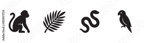 Four black minimalist jungle animal and plant icons are arranged horizontally, depicting a sitting monkey, a tropical palm leaf, a coiled snake, and a perched parrot in a clean graphic style