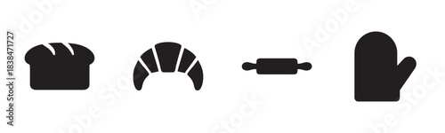 Four black silhouette baking icons are neatly arranged in a horizontal row, featuring a loaf of bread, a croissant, a rolling pin, and an oven mitt, presented in a clean, minimalist style