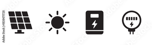 Four black silhouette icons representing solar energy, sun, battery, and charging station are neatly arranged in a clean, modern, conceptual vector illustration