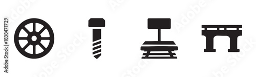 Four distinct black silhouette icons depict a spoked wheel, a threaded screw, a railroad track with a signal, and an arched bridge structure, presented in a clean, graphic style
