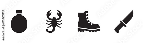 Four black silhouette icons representing survival gear, including a canteen, a scorpion, a sturdy boot, and a sharp knife, presented in a clean, graphic vector style