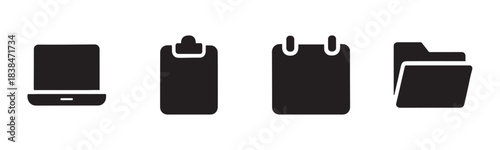Four black silhouette icons representing digital and office concepts, including a laptop, clipboard, calendar, and folder, presented in a clean, modern, and minimalist graphic style