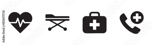 Four distinct black medical icons symbolize essential healthcare and emergency services, featuring a heart with an EKG line, a patient stretcher, a first aid kit, and an emergency call telephone