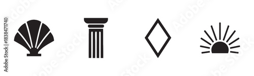 Four distinct black vector graphic icons including a seashell, an architectural column, a diamond outline, and a rising sun, presented in a clean, minimalist, and modern style