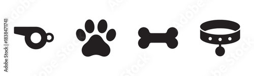 Four black pet related silhouette icons are neatly arranged in a horizontal row, depicting essential items for animal care and companionship in a clean, graphic style