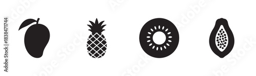 Four minimalist black tropical fruit icons, including a mango, pineapple, kiwi slice, and papaya, are arranged horizontally in a clean graphic style