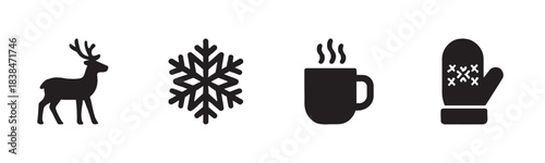 Four distinct black silhouette winter holiday icons, depicting a majestic deer, an intricate snowflake, a steaming hot mug, and a cozy patterned mitten, are presented in a clean, graphic style