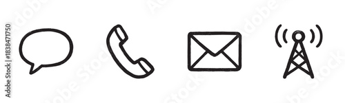 Four hand-drawn communication icons are displayed, featuring a speech bubble, telephone, envelope, and signal tower, rendered in a simple, textured black outline style