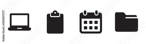 Four black vector icons representing essential business and office tools are clearly displayed in a clean, modern, and minimalist graphic style