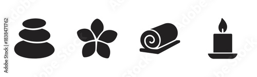 Four black silhouette spa and wellness icons depict stacked stones, a plumeria flower, a rolled towel, and a lit candle, presented in a clean, minimalist graphic style