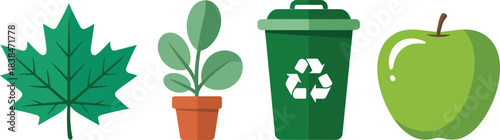 A set of green themed eco-friendly items including a maple leaf a potted plant a recycling bin and a green apple on transparent background