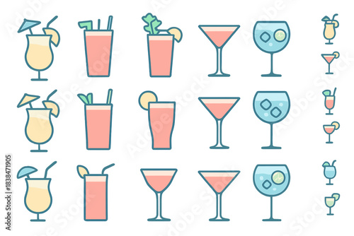 Different types of drinks on a white background with colorful designs and various glass shapes, suitable for a party or gathering
