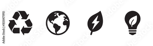 Four black environmental sustainability icons are displayed horizontally, featuring symbols for recycling, planet Earth, green energy, and eco-friendly lighting in a clean, graphic style