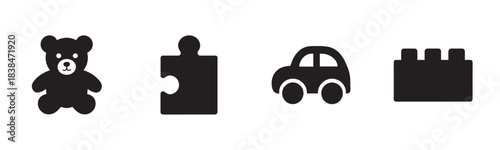 Four black silhouette children's toy icons, including a teddy bear, a puzzle piece, a car, and a building block, are arranged horizontally in a simple, flat, and minimalist style